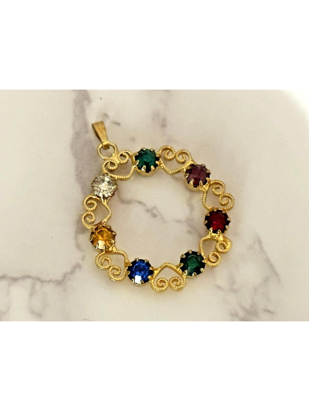 Vintage Gold Tone Heart Circle Pendant Multi Color Rhinestone Wreath - Picture 2 of 6
